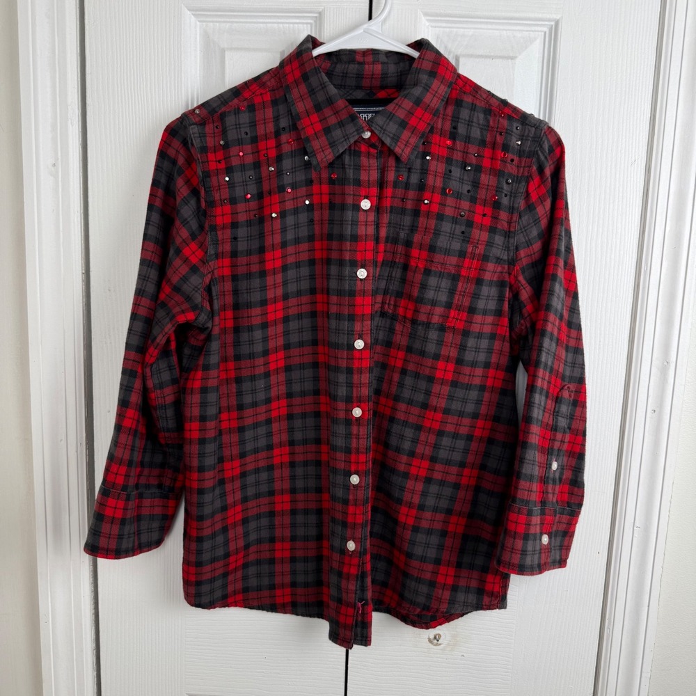 PINK Victoria's‎ Secret Plaid Flannel Shirt Rhinestone Studded Red Black M Y2K